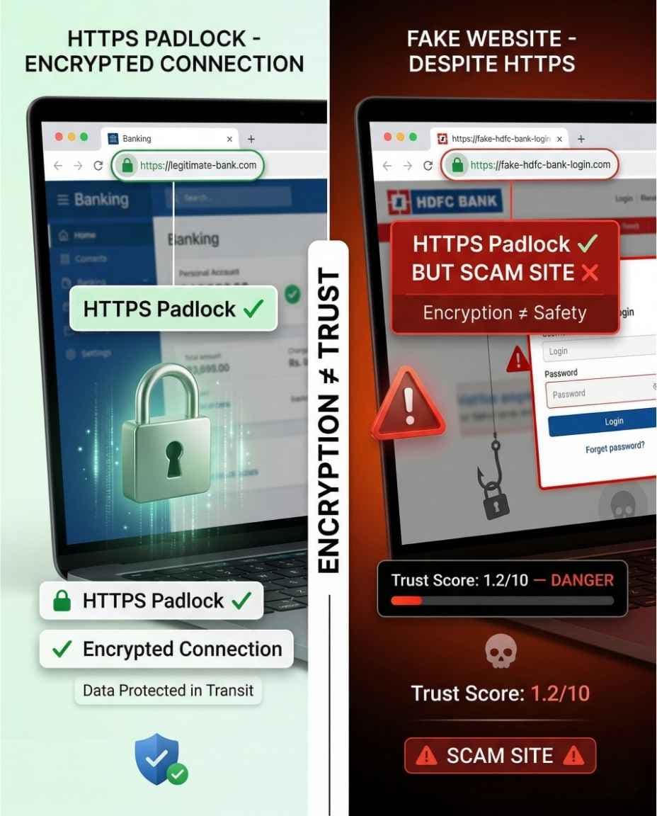 HTTPS Padlock vs Website Safety - Encryption ≠ Trust | Security Guide HTTPS Padlock vs Website Safety Comparison