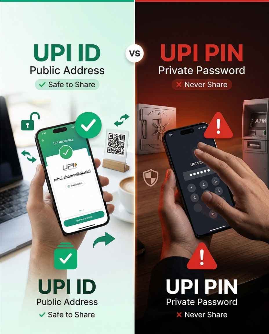 Check Phone Number Scam Online | RakshaAI Detection Tool UPI ID public address vs UPI PIN private password comparison, difference between UPI ID and PIN, UPI security basics India, safe to share UPI ID vs never share PIN educational infographic