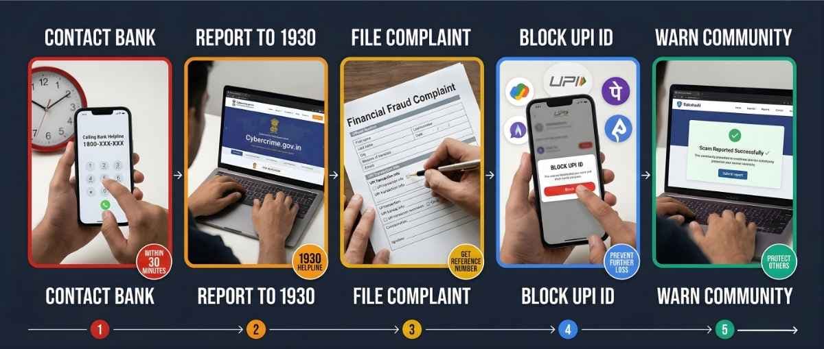UPI Scam Recovery Guide India | Report Fraud 1930 Helpline UPI scam recovery steps India - bank fraud reporting, cybercrime helpline 1930, UPI ID blocking process, financial fraud complaint filing, community scam reporting RakshaAI